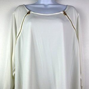 NWT Women's Calvin Klein XL Blouse Arty Gold Zipper Birch White Knit YouShirt A9